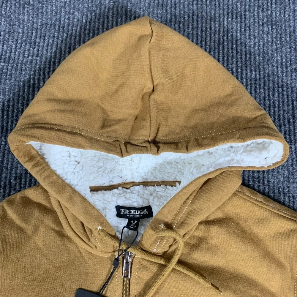 True Religion Hoodie Mens Medium Beige Full Zip‎ Sweatshirt Sherpa Lined Buddha